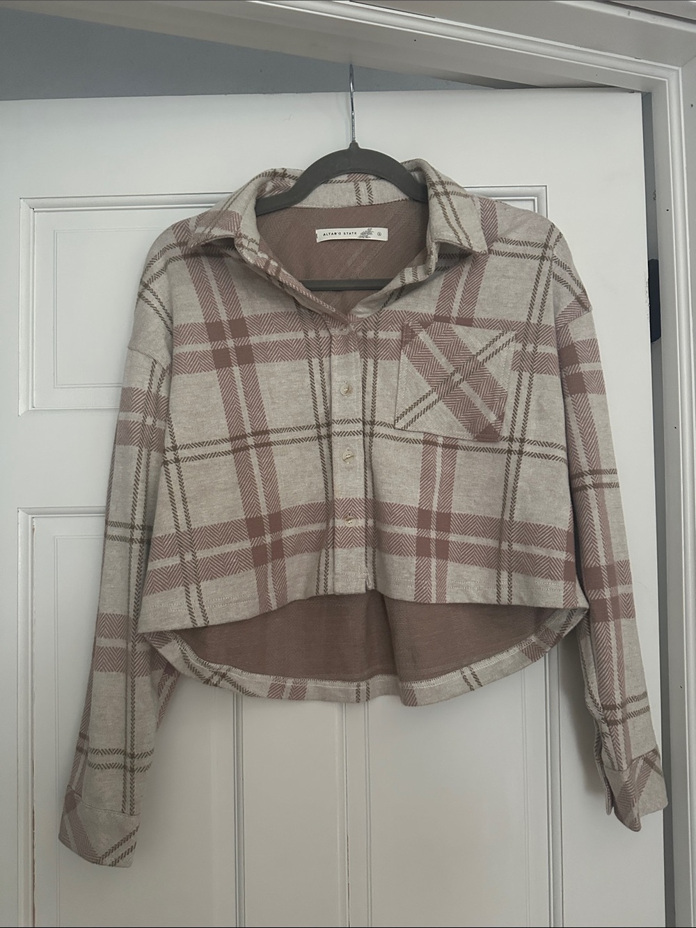 Altar'd State pink and cream plaid button-up shirt size Small